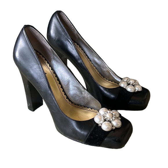 Hale Bob Black Leather Embellished Rhinestone Pearl Square Toe Chunky Heels - 8 - Picture 16 of 16